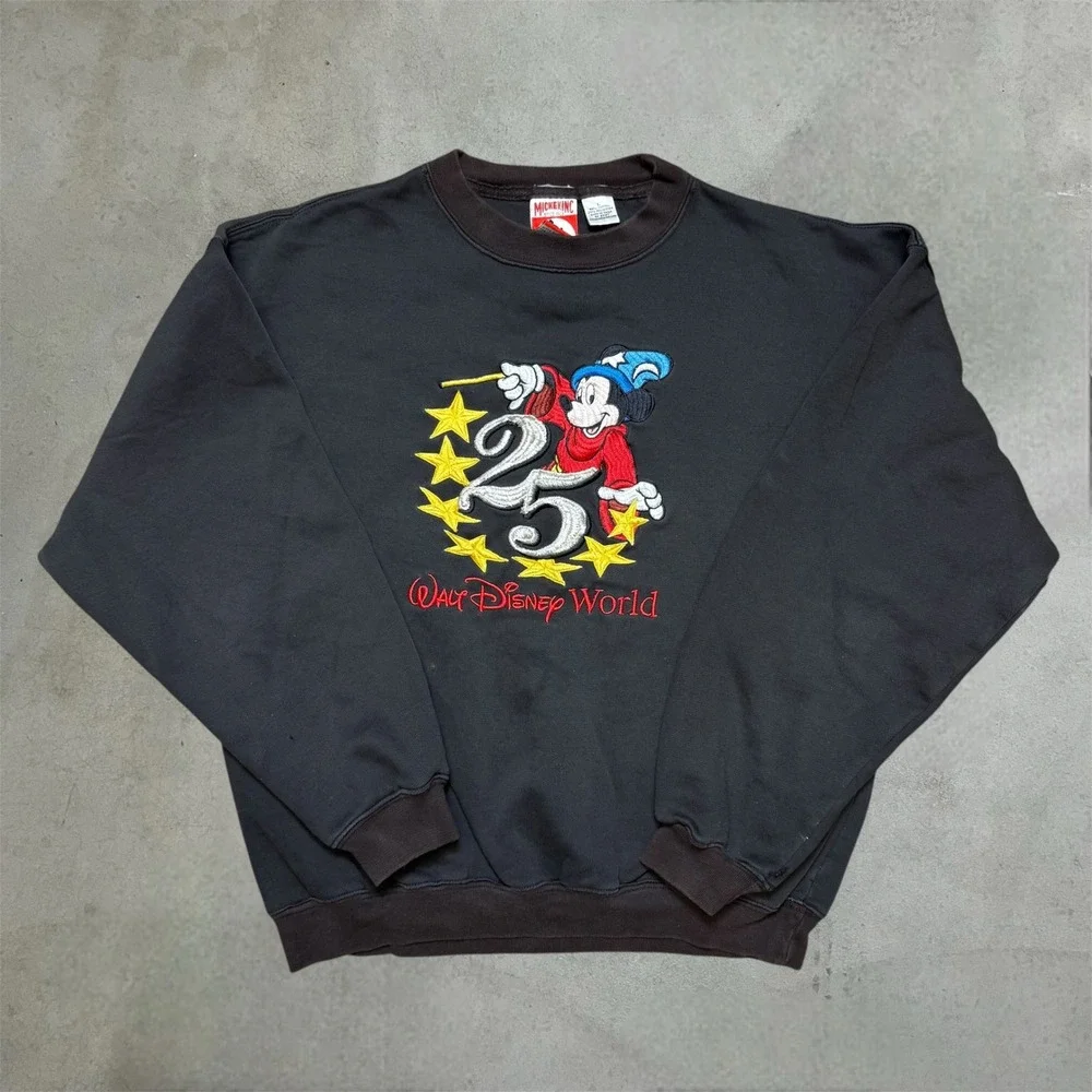 Vintage Disney World Sweatshirt Mens L Black Mickey 25th Anniversary Embroidered